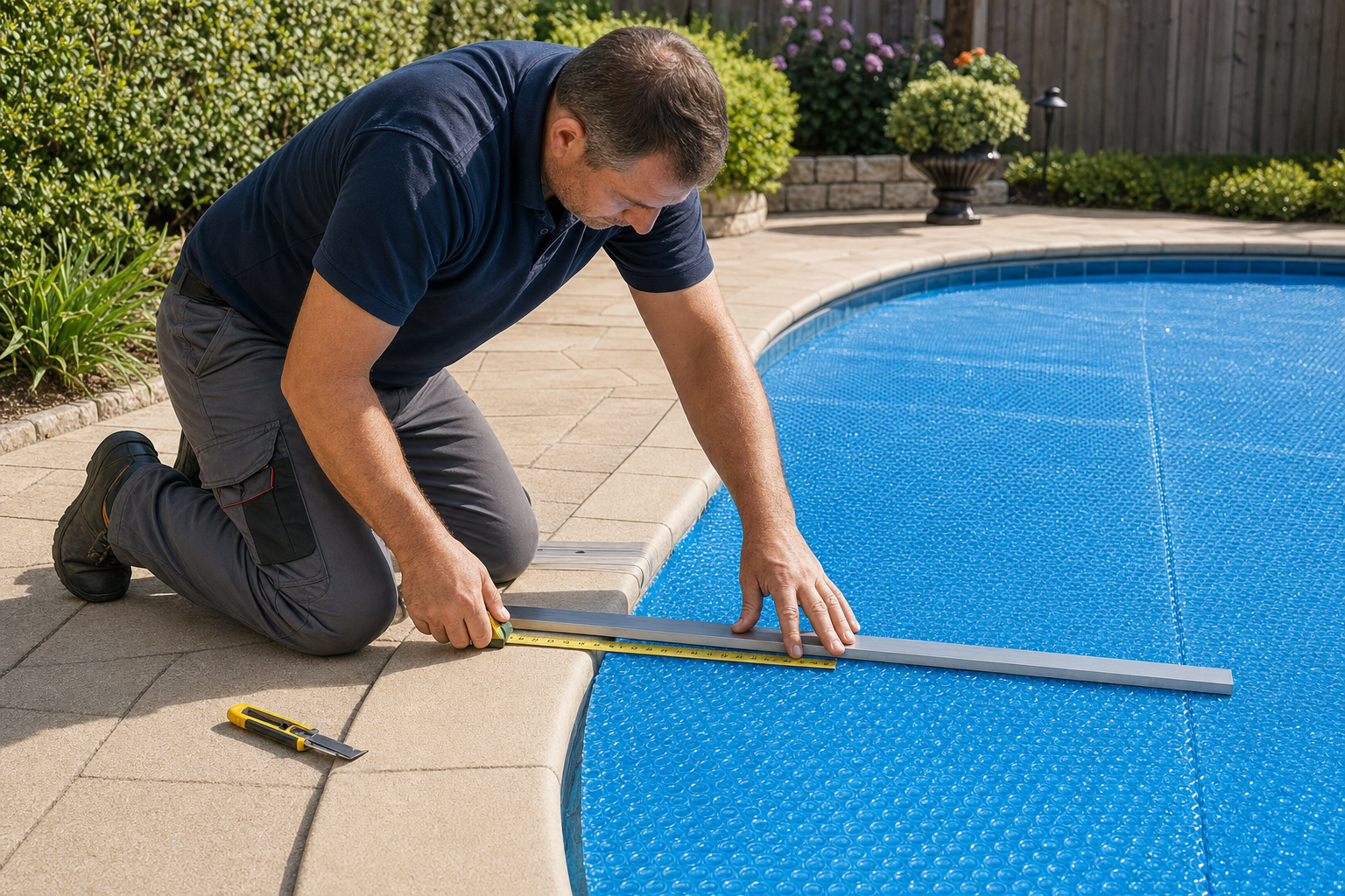 Técnico medindo piscina para instalação de capa térmica
