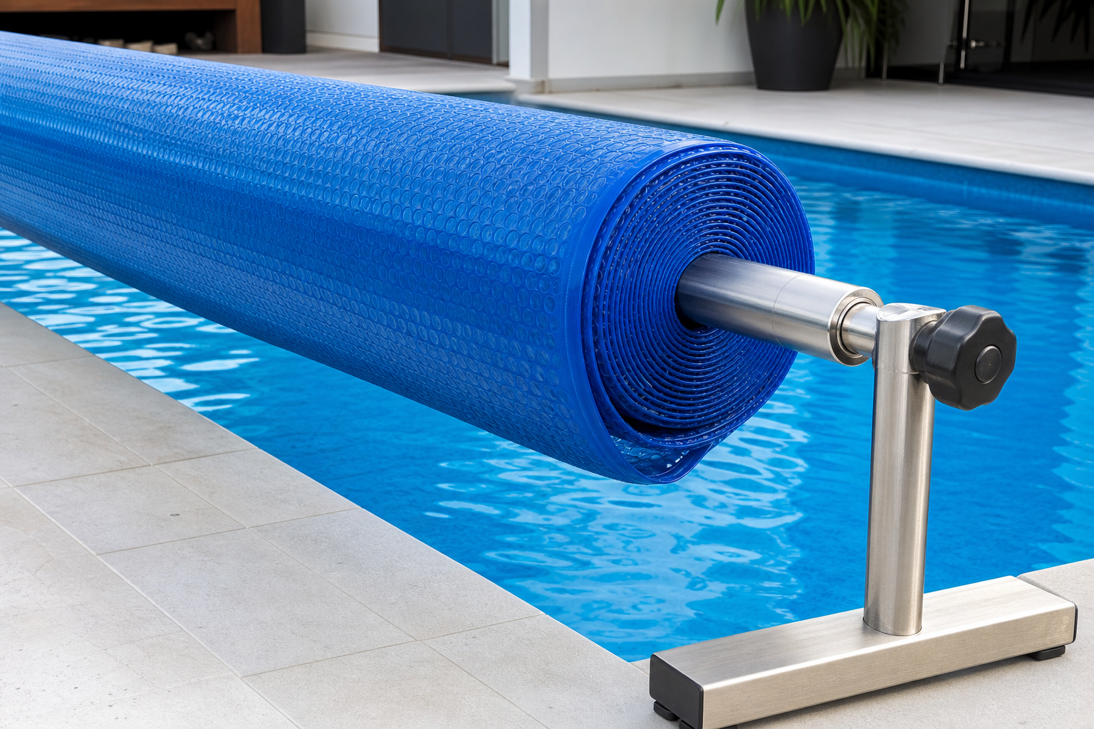 Capa térmica azul enrolada ao lado da piscina com água limpa