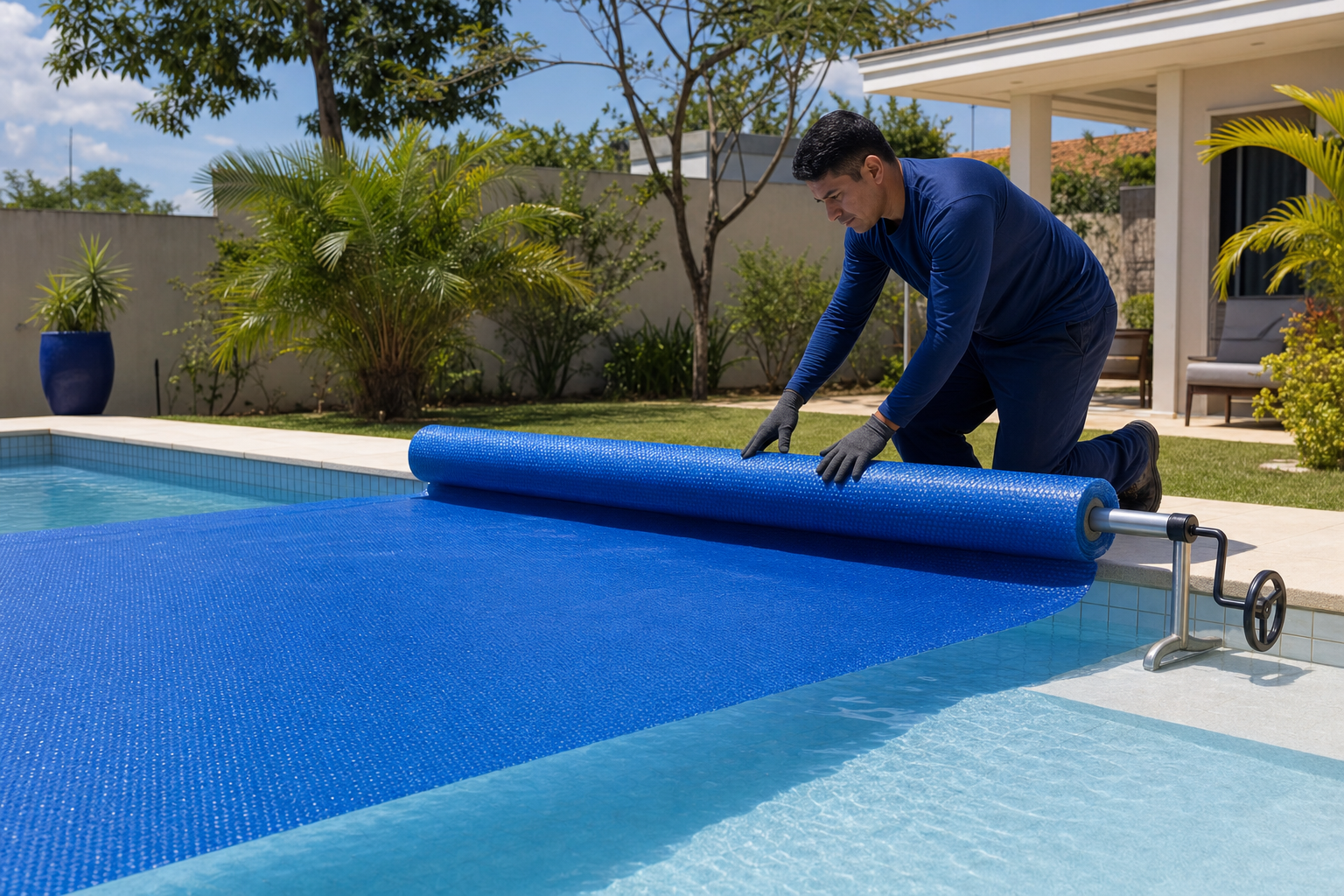 Técnico desenrolando capa térmica azul sobre piscina residencial com enrolador na borda