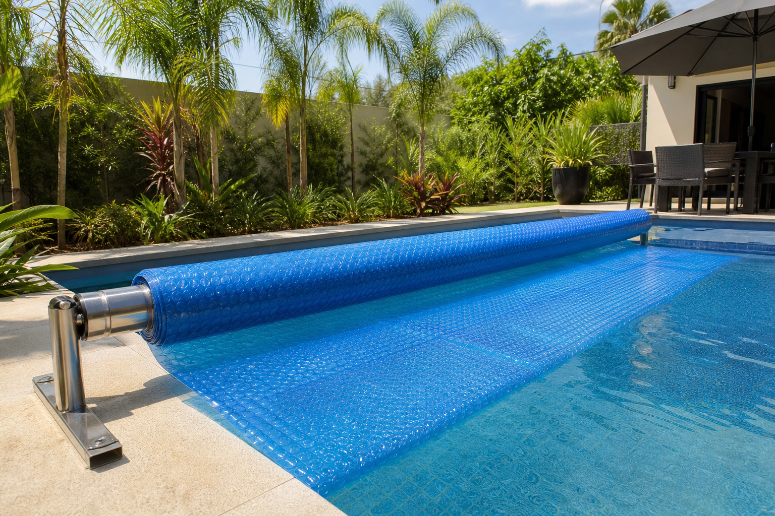 Capa térmica azul de bolhas sendo desenrolada sobre piscina residencial com enrolador metálico