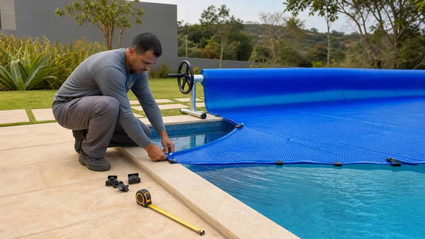 Técnico ajustando capa térmica azul com rolo enrolador e trena na borda de piscina residencial