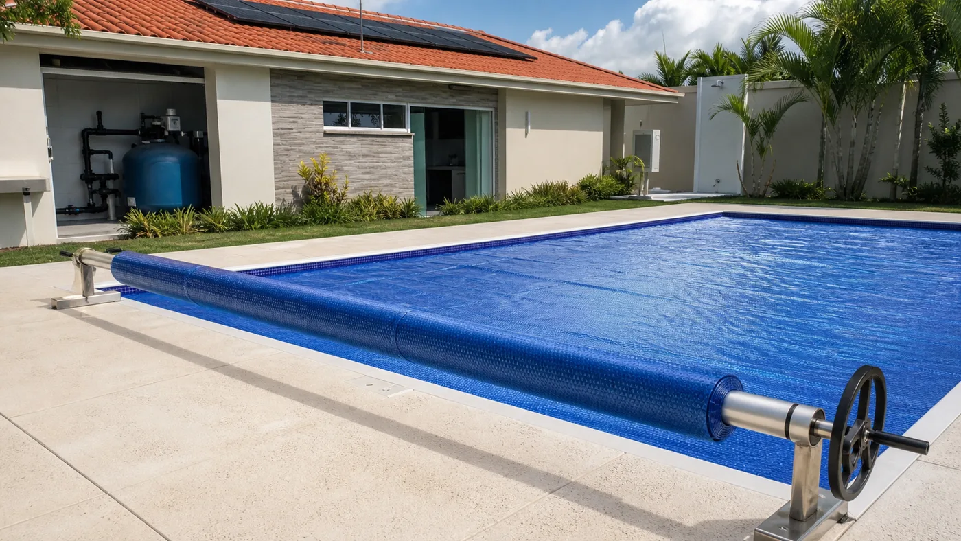 Piscina residencial com capa térmica azul instalada rolo enrolador filtro e sistema solar ao fundo