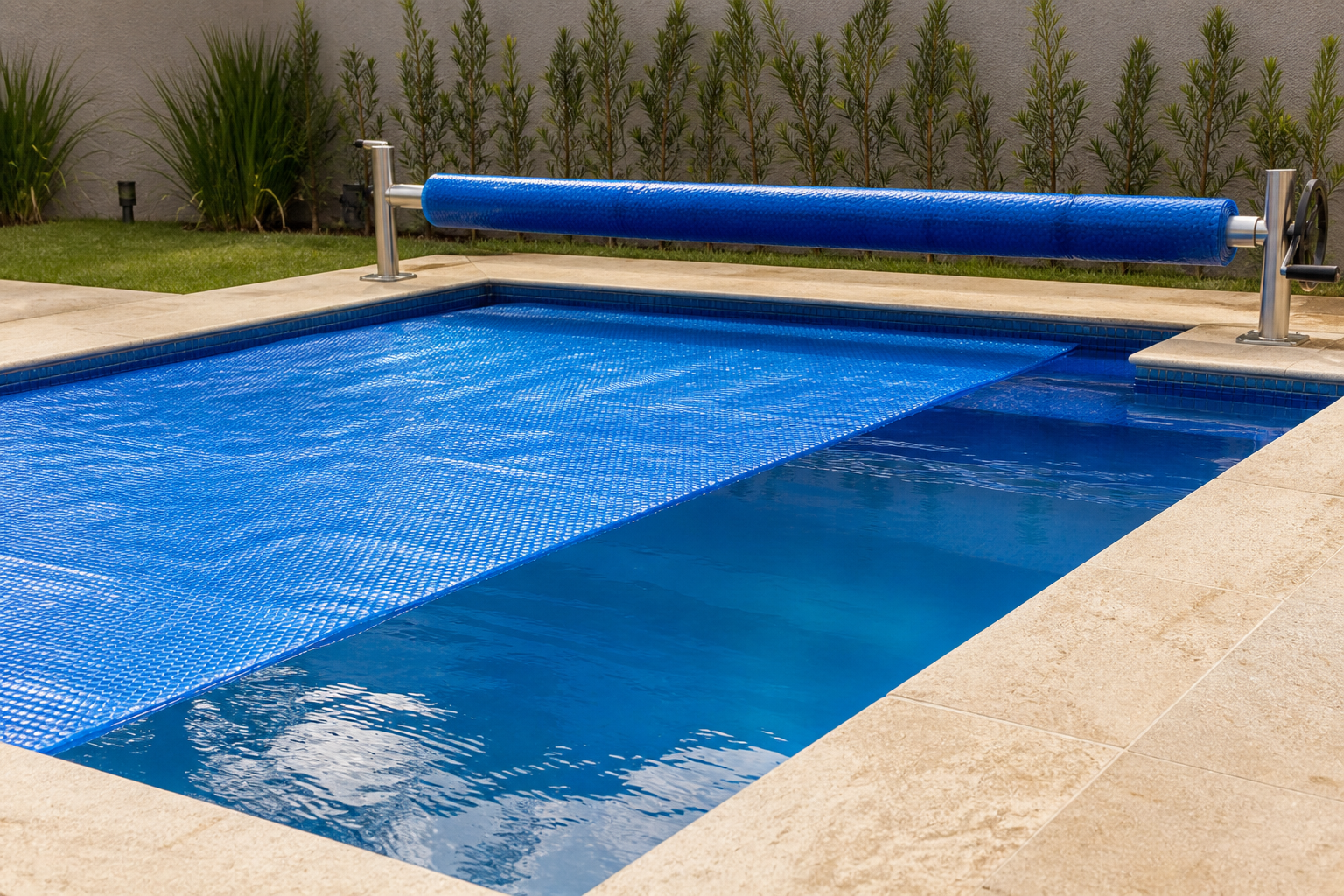 Capa térmica azul parcialmente estendida sobre piscina residencial com rolo enrolador na borda