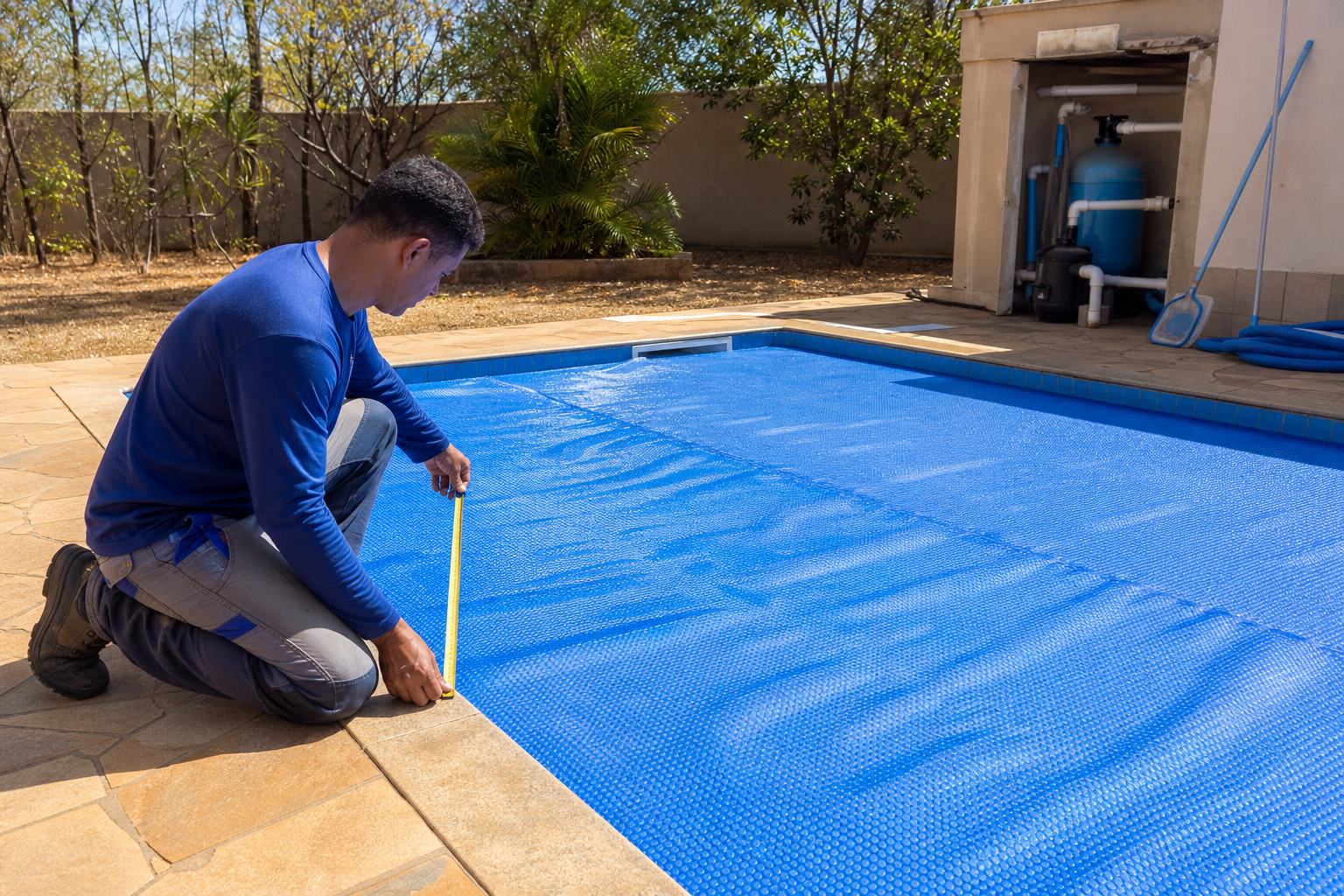 Técnico medindo a borda de uma piscina coberta com capa térmica azul para dimensionamento correto