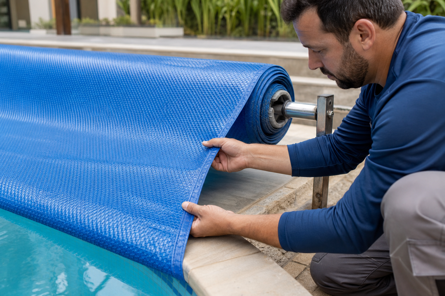 Capa térmica azul de bolhas enrolada em suporte ao lado da piscina com técnico conferindo a borda