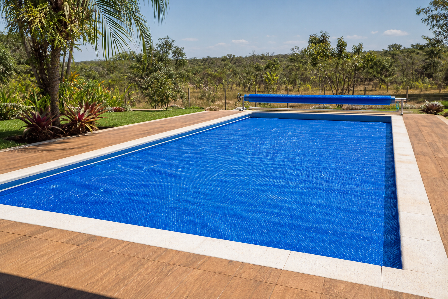 Piscina residencial coberta com capa térmica azul e enrolador ao fundo