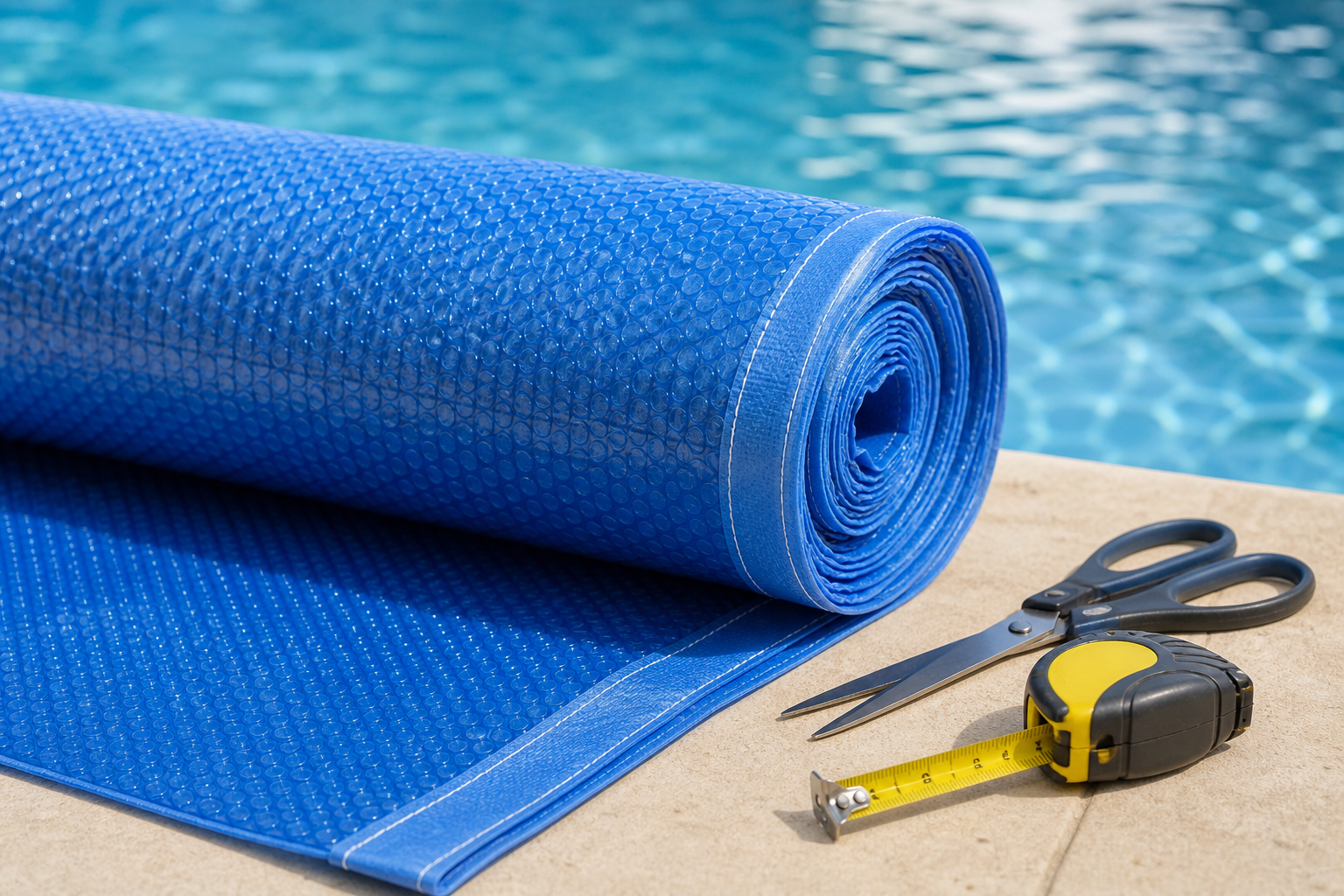Material de capa térmica para piscina com fita métrica e borda de água