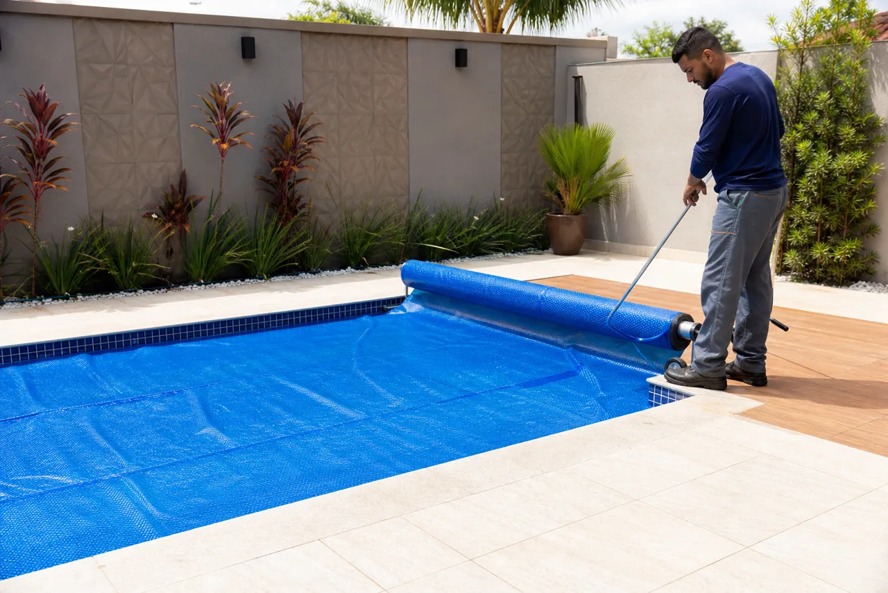 Técnico desenrolando capa térmica azul sobre piscina residencial para reduzir perda de calor e evaporação