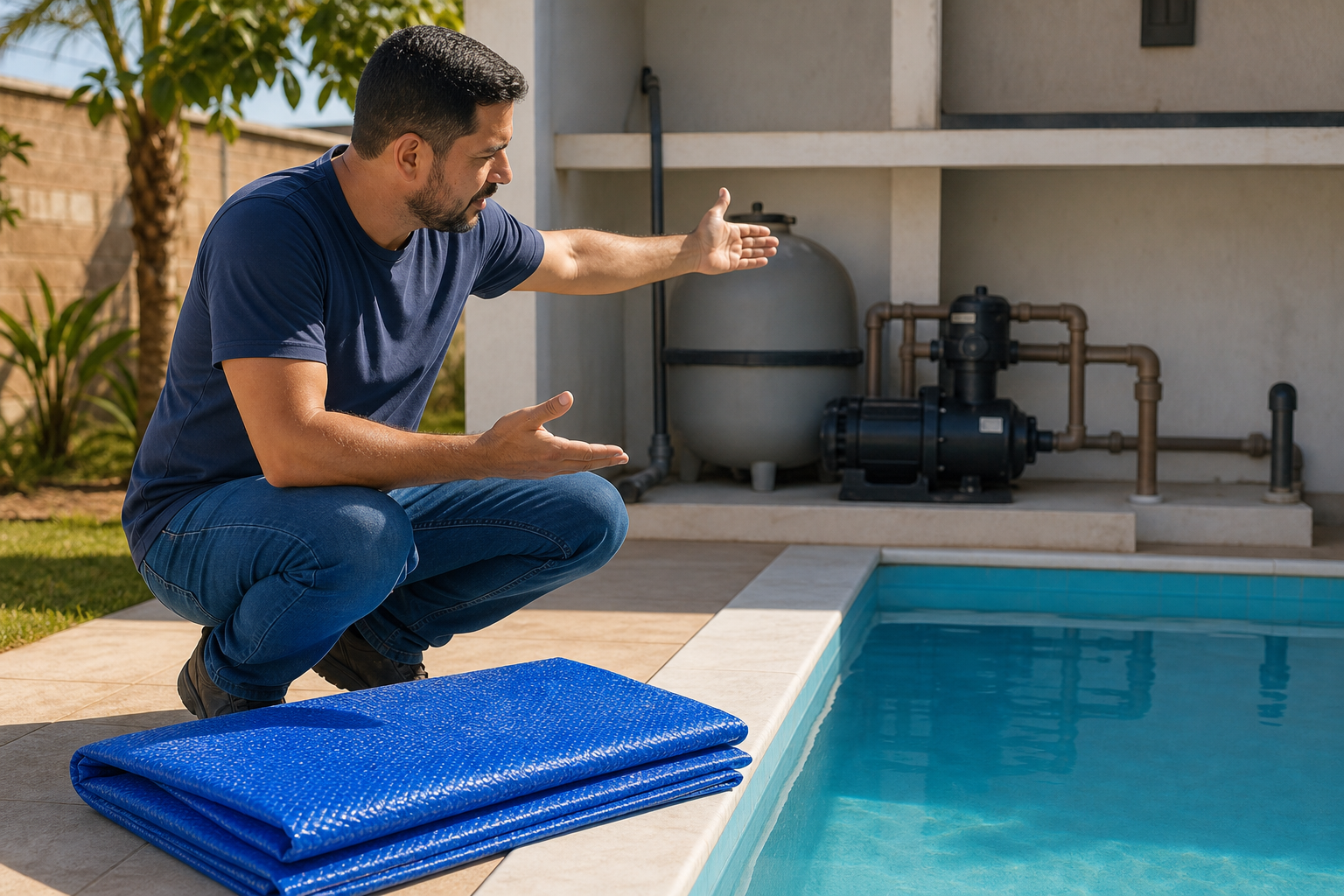 Técnico ao lado de capa térmica azul dobrada com filtro bomba e casa de máquinas de piscina ao fundo