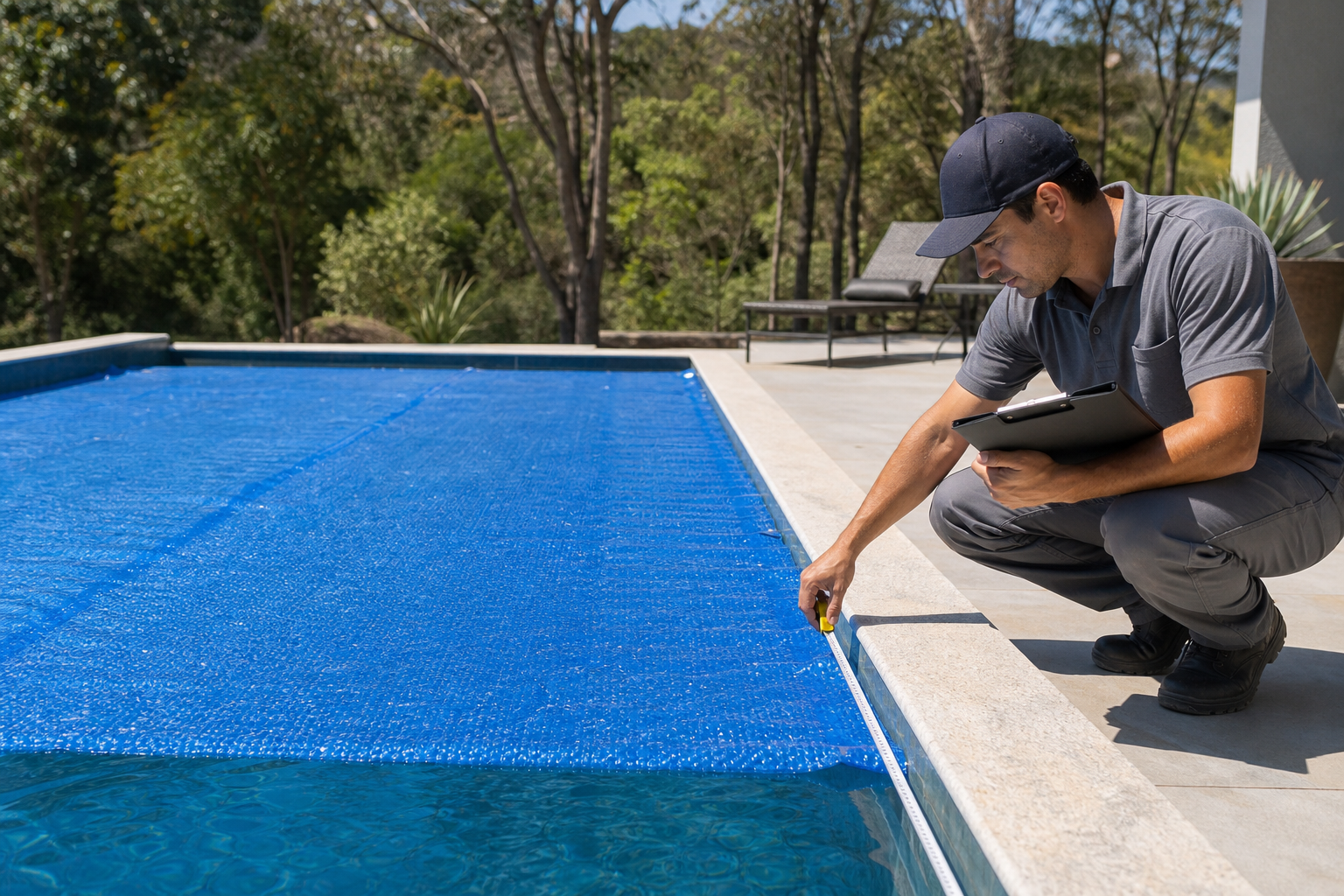 Técnico medindo borda de piscina residencial coberta parcialmente com capa térmica azul