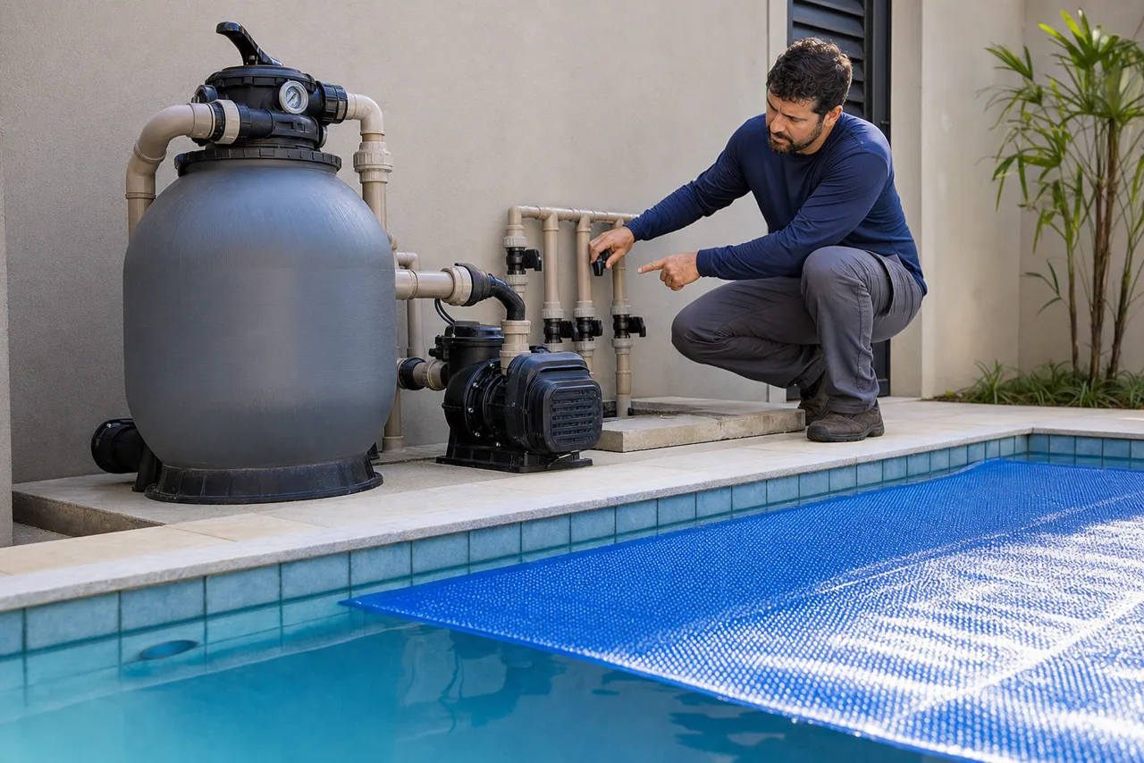 Filtro bomba registros e tubulações de piscina ao lado de capa térmica azul instalada parcialmente