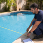 Profissional medindo piscina para capa térmica sob medida