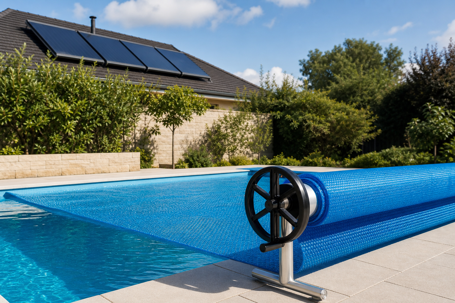 Capa térmica sendo aberta em piscina com aquecimento solar