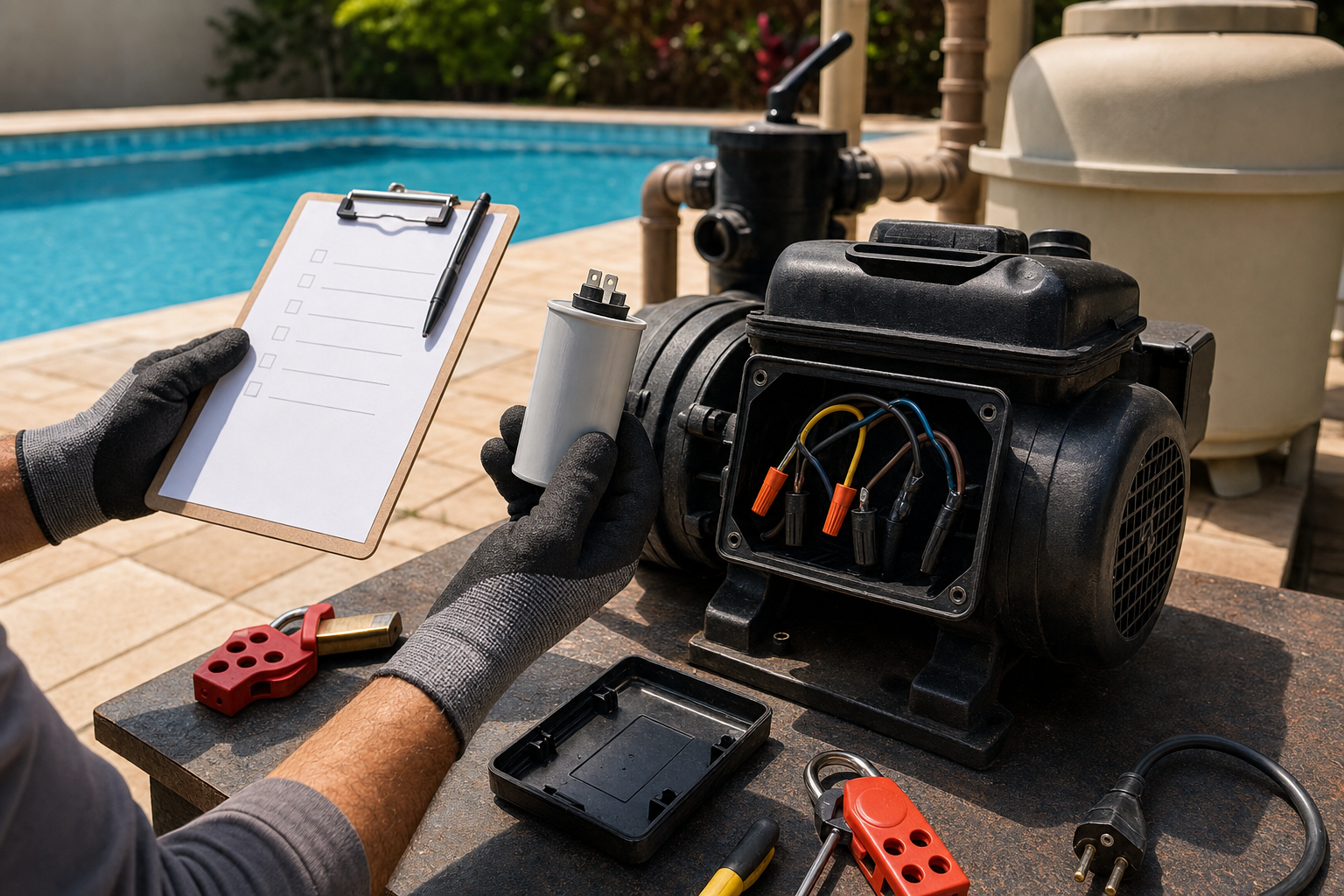 Técnico segurando capacitor ao lado de motor de bomba de piscina desenergizado e aberto para diagnóstico
