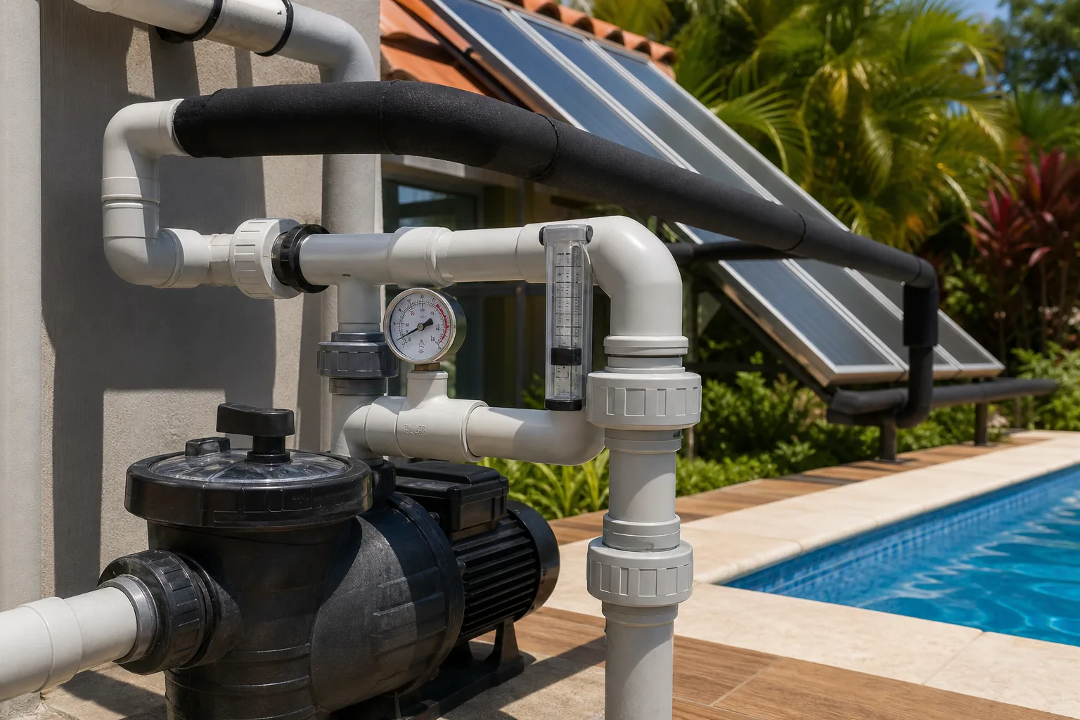 Tubulações, bomba, manômetro e medidor de vazão ligados ao sistema de aquecimento solar da piscina