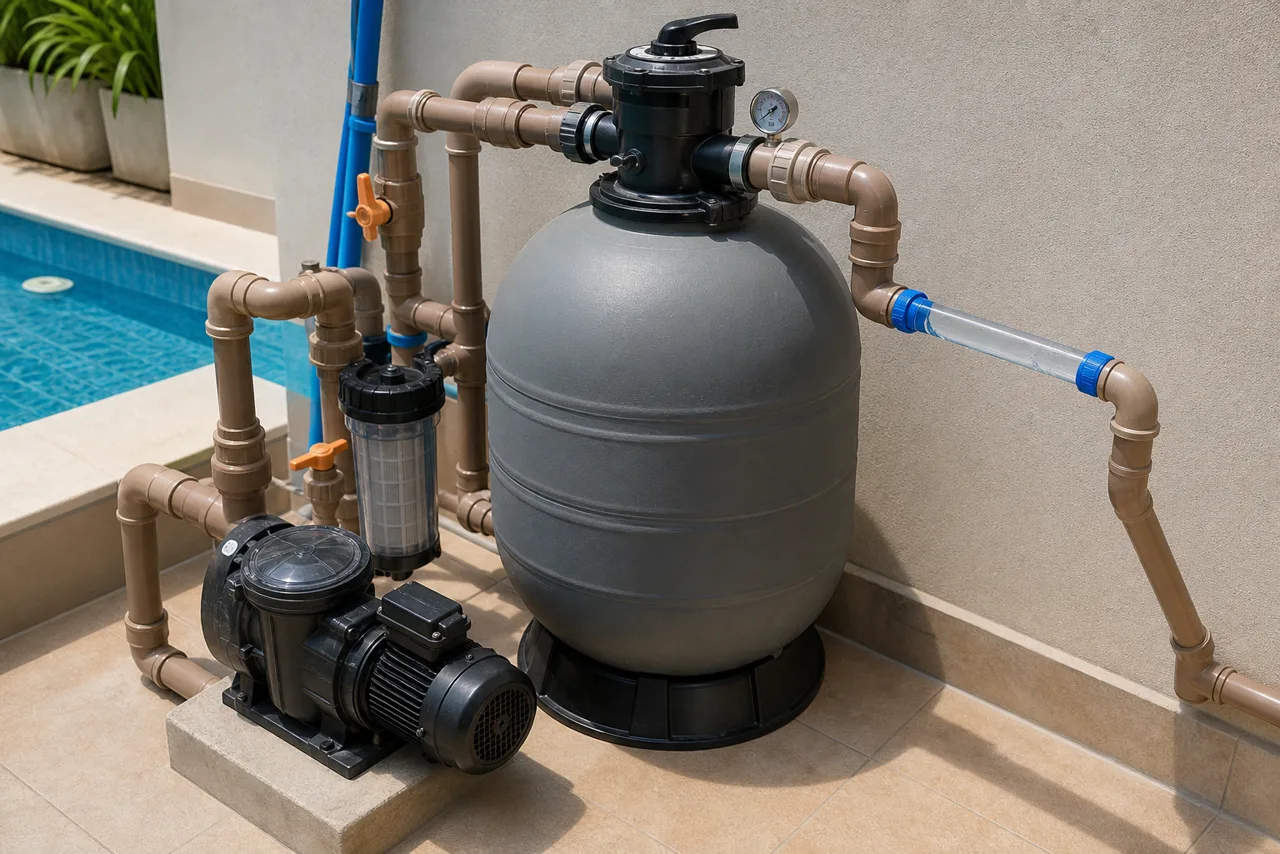 Filtro de areia, bomba, válvulas, tubulações e manômetro de sistema de piscina residencial