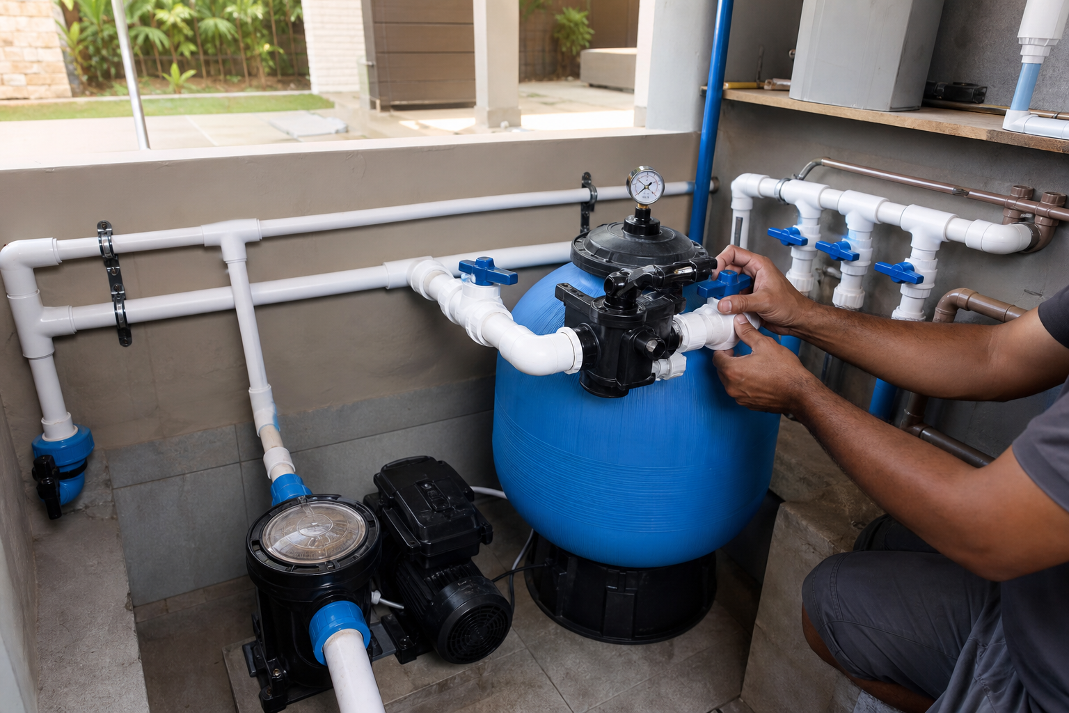 Casa de máquinas de piscina com filtro bomba registros e tubulações sendo instalada em Goiânia
