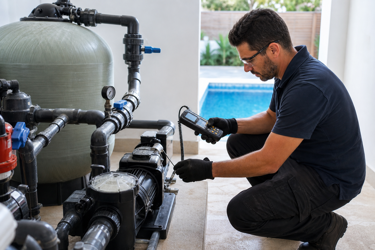 Técnico avaliando bomba e filtro em casa de máquinas de piscina