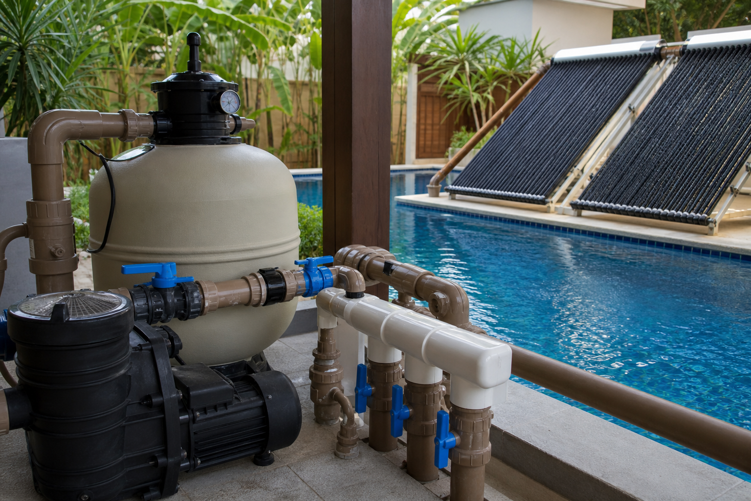 Bomba filtro registros e coletores solares conectados ao sistema hidráulico de uma piscina residencial