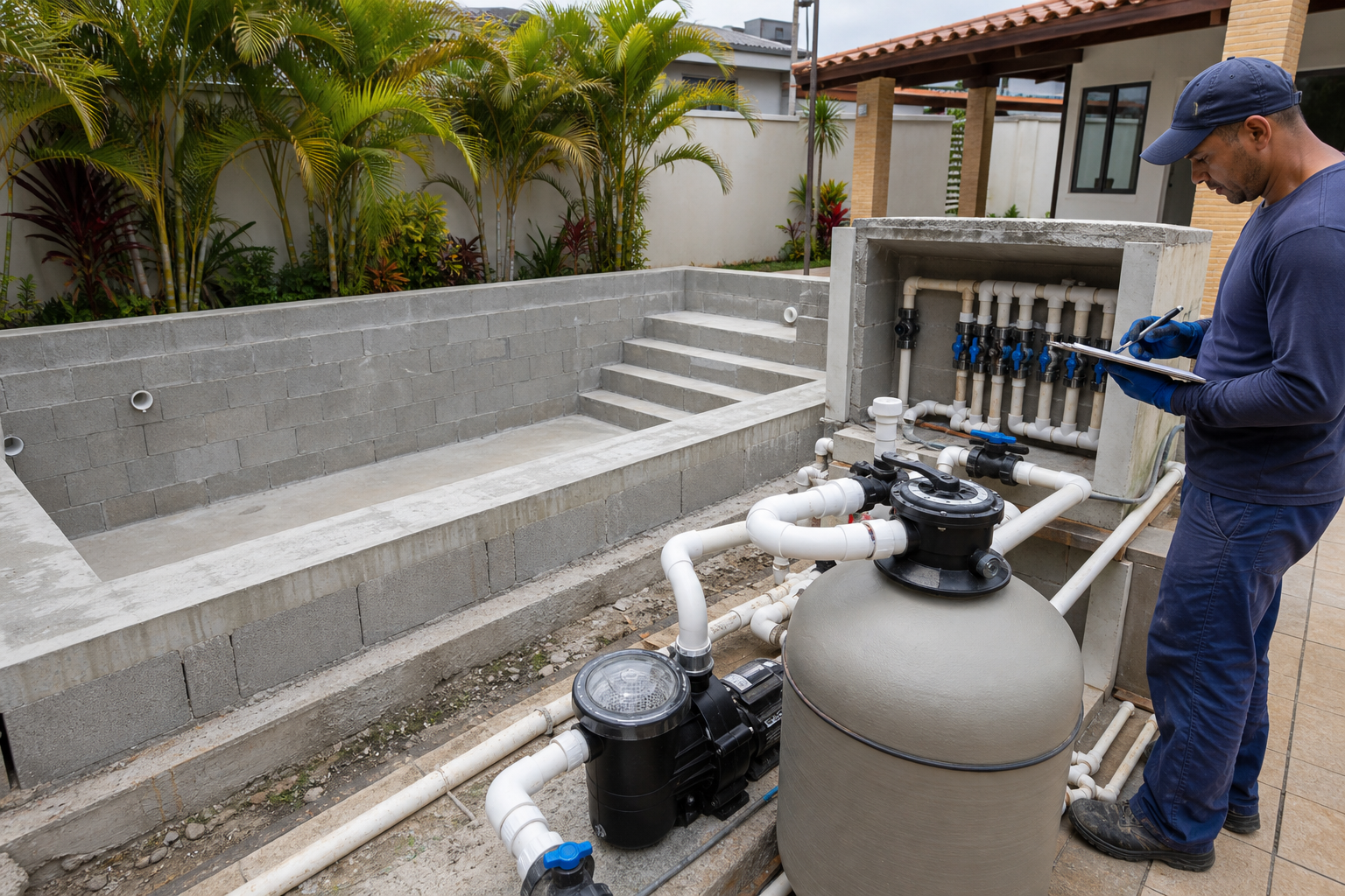 Casa de máquinas com bomba, filtro, válvulas e tubulação ao lado de piscina de alvenaria em construção