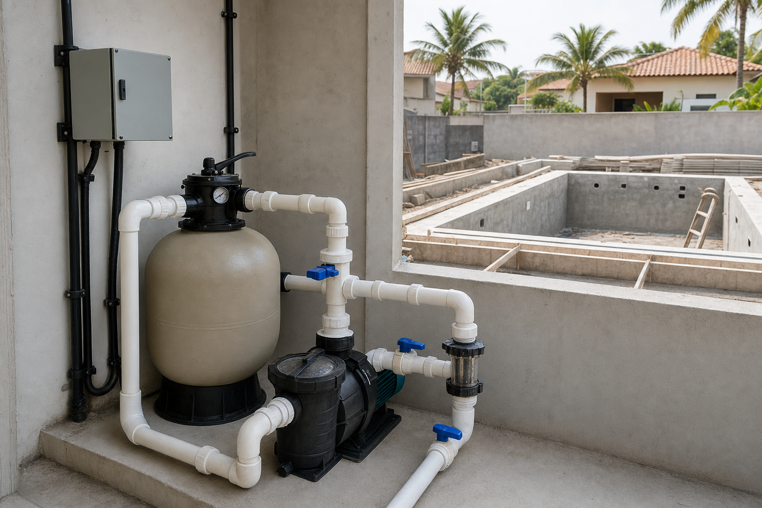 Casa de máquinas com filtro de areia, bomba, quadro elétrico e tubulações em obra de piscina no Setor Garavelo