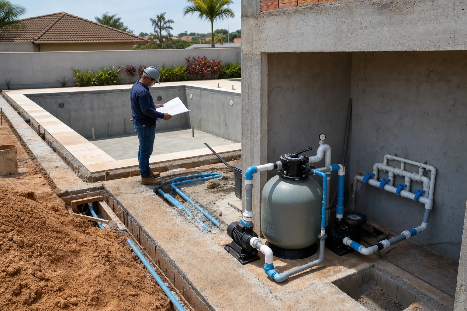 Bomba filtro de areia tubulações e dispositivos hidráulicos ao lado de piscina em construção com técnico revisando o sistema