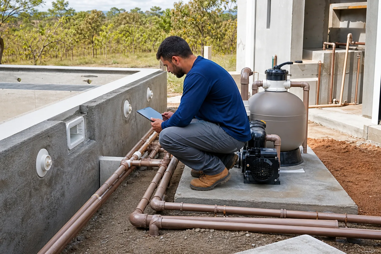 Bomba filtro de areia tubulações e dispositivos hidráulicos ao lado de piscina em construção com técnico revisando o sistema