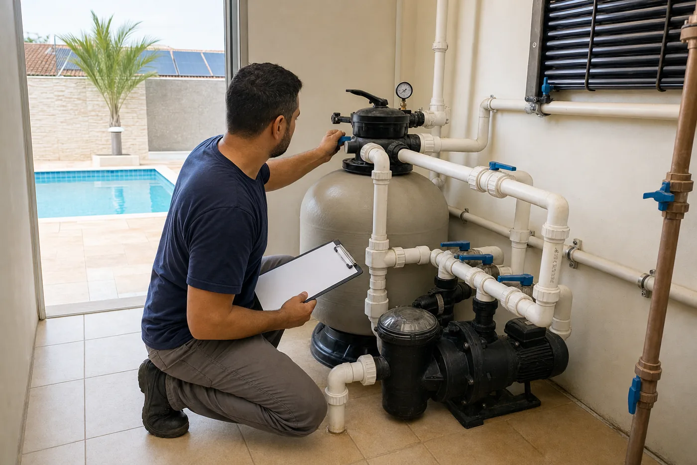 Técnico conferindo filtro bomba tubulações registros manômetro e aquecimento da casa de máquinas da piscina