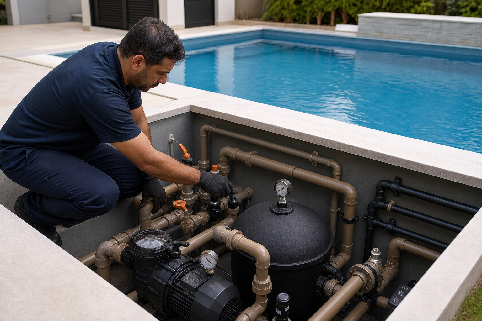 Técnico ajustando filtro bomba e registros na casa de máquinas de piscina residencial
