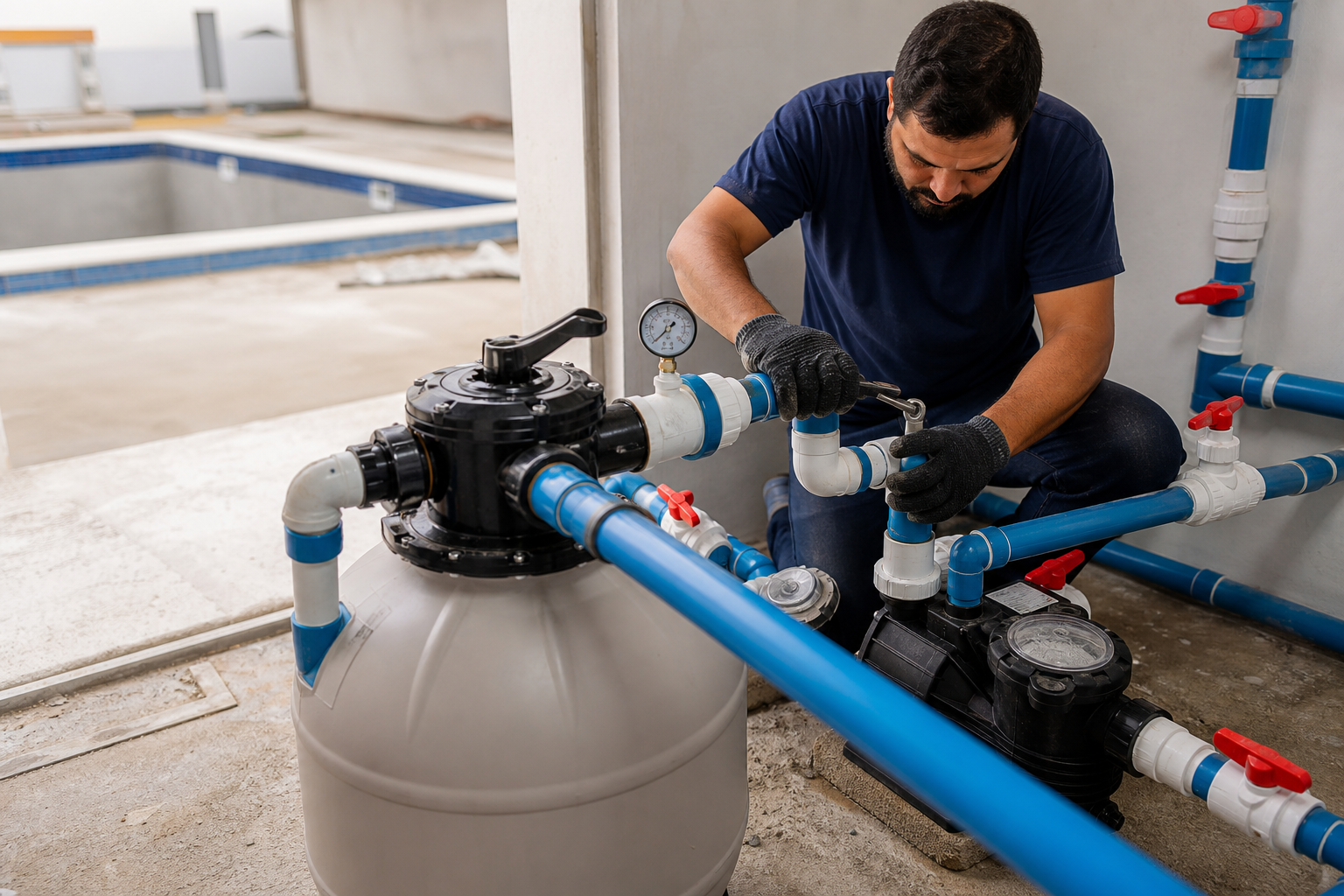 Técnico ajustando filtro bomba manômetro e tubulações da casa de máquinas de piscina em Aparecida de Goiânia