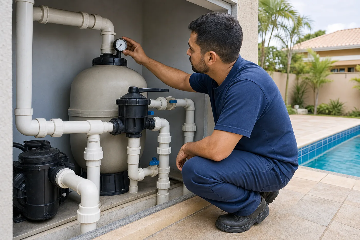 Técnico verificando filtro bomba registros e manômetro na casa de máquinas de piscina