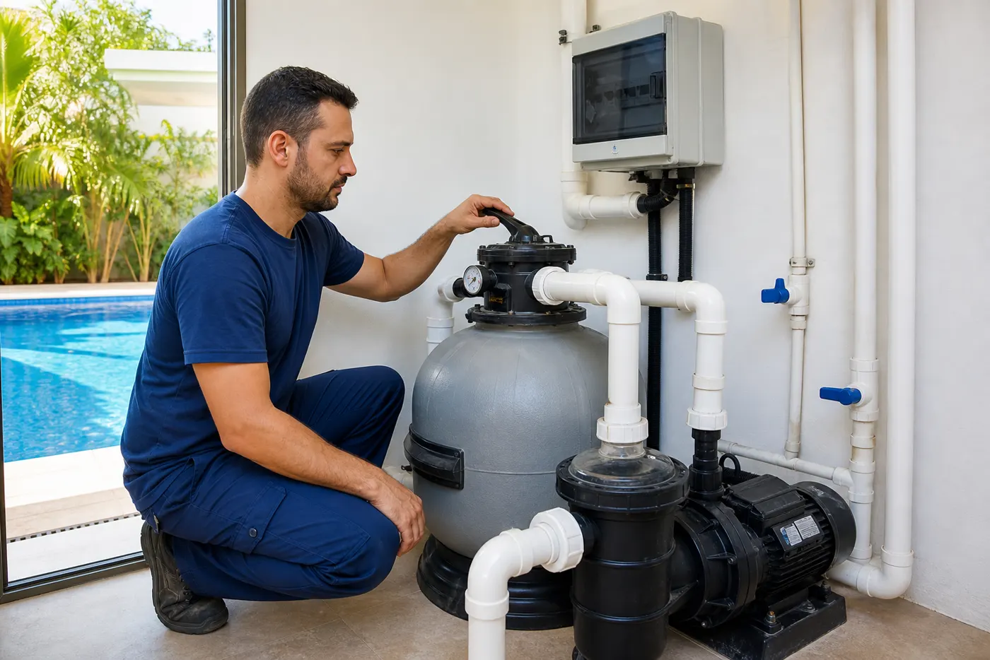 Técnico verificando filtro bomba registros e manômetro na casa de máquinas da piscina