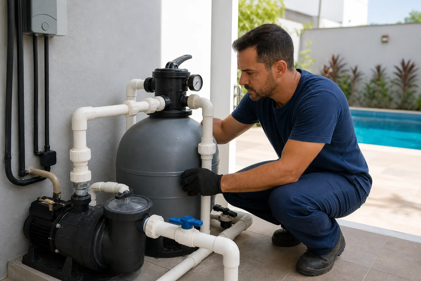 Técnico conferindo filtro bomba tubulações registros e manômetro na casa de máquinas da piscina