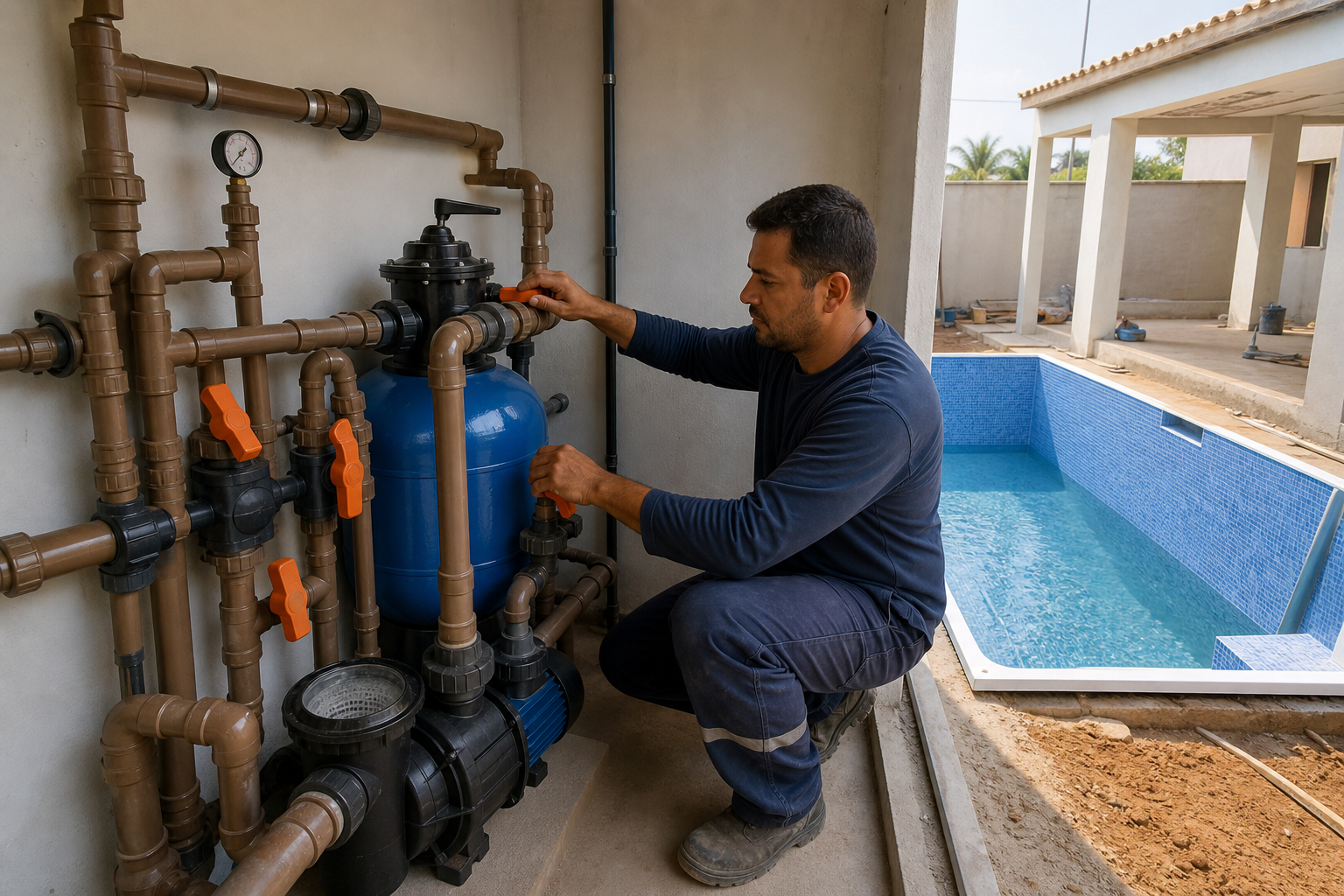 Técnico ajustando filtro bomba e registros na casa de máquinas de piscina residencial