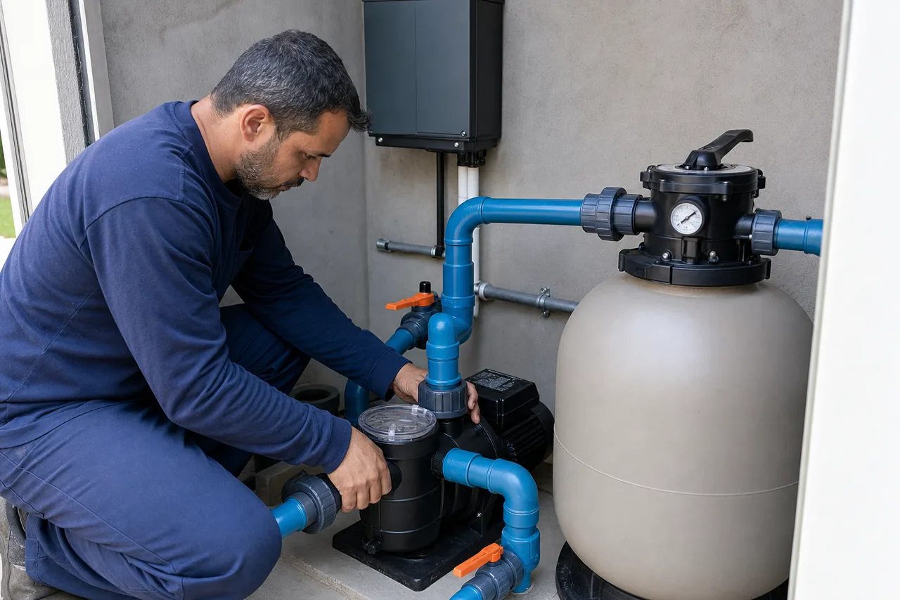 Técnico ajustando bomba, filtro de areia, registros e tubulações da casa de máquinas de uma piscina em Goiânia
