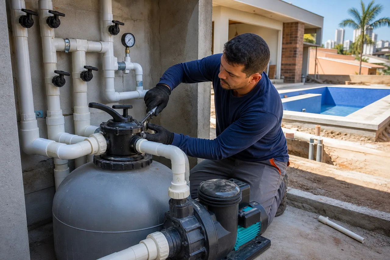 Técnico ajustando filtro, bomba e tubulações da casa de máquinas de piscina no Setor Central em Goiânia