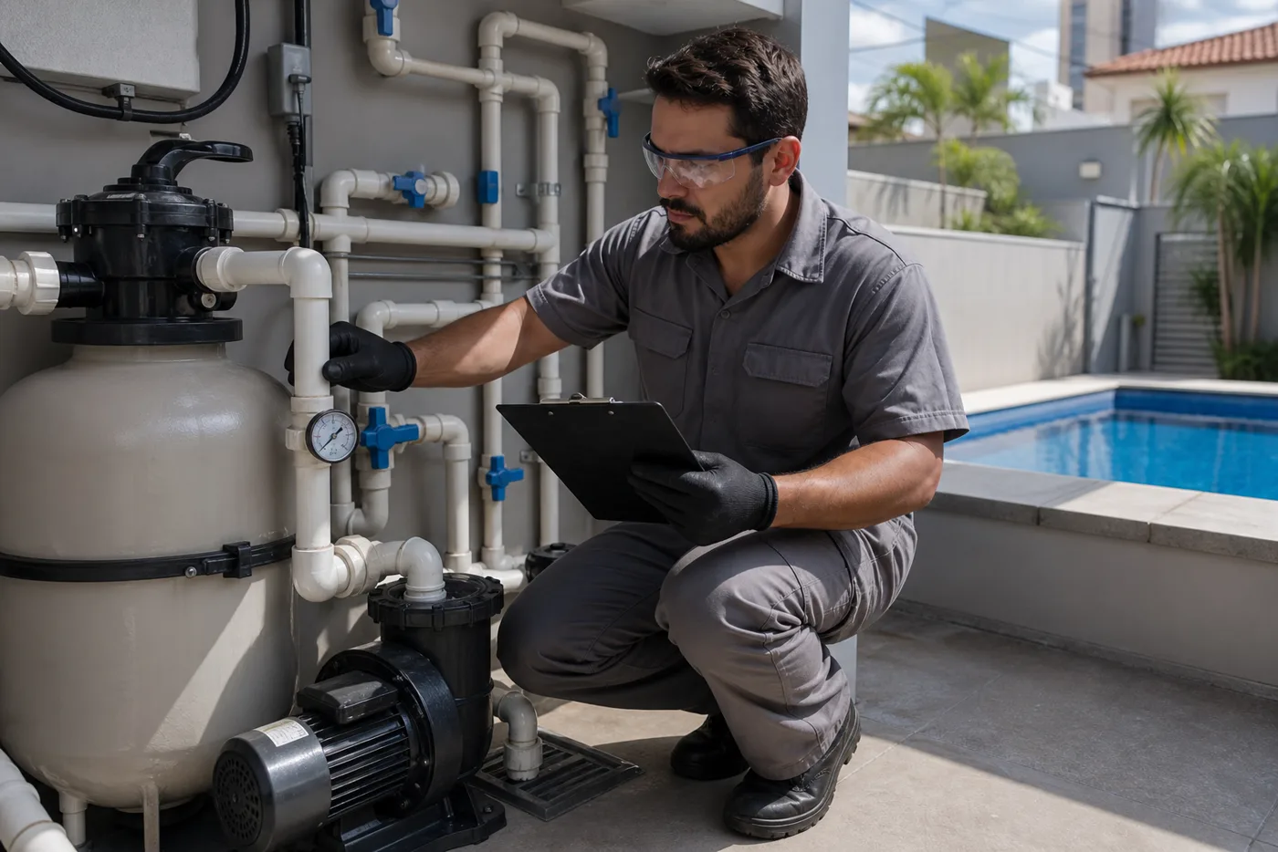 Técnico verificando filtro bomba registros e manômetro na casa de máquinas de piscina