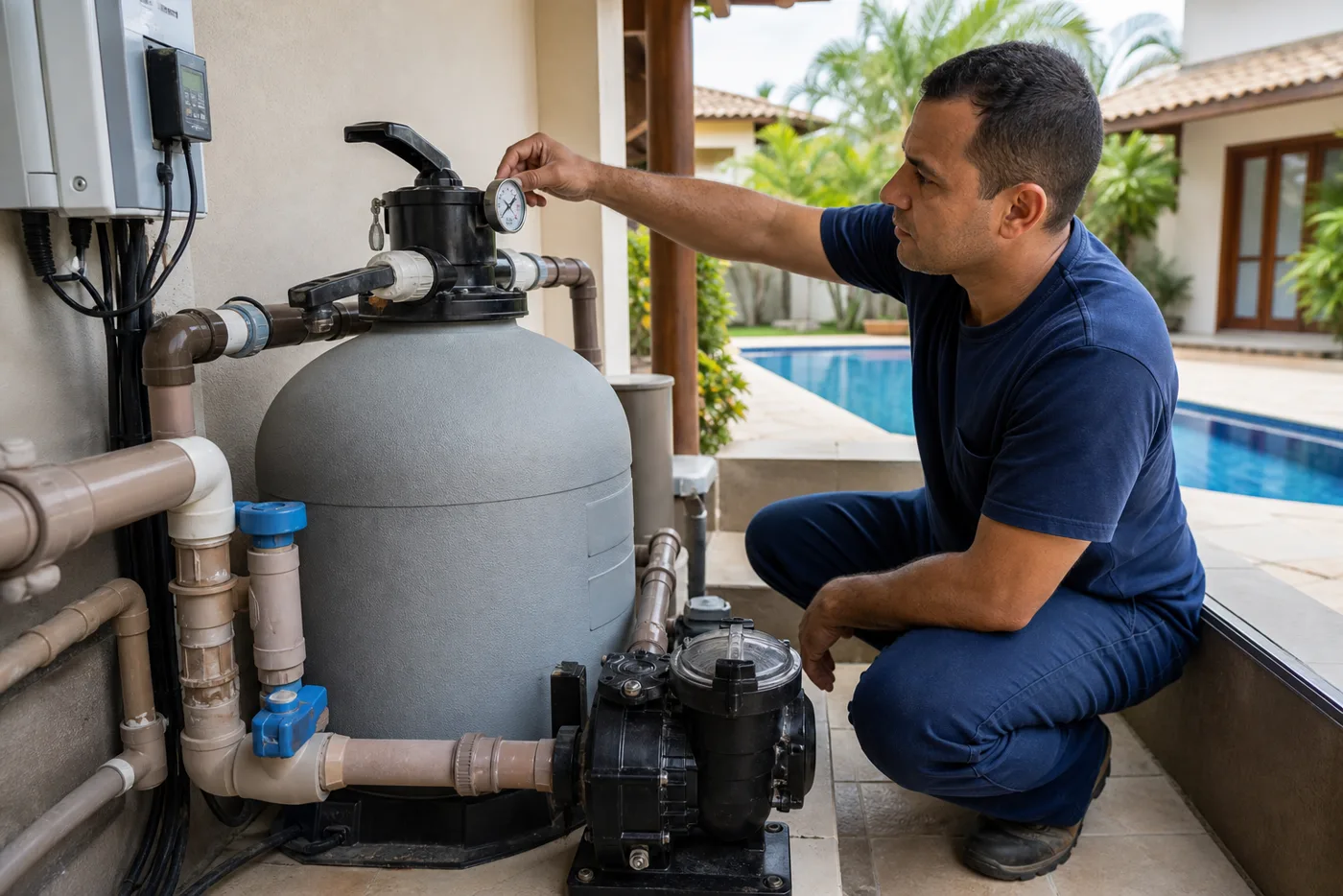 Técnico verificando filtro bomba registros e manômetro na casa de máquinas de piscina