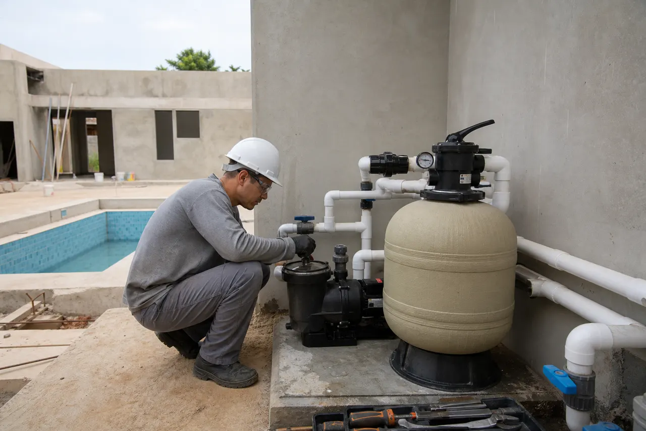 Técnico ajustando filtro, bomba e tubulações da casa de máquinas de piscina no Setor Oeste em Goiânia