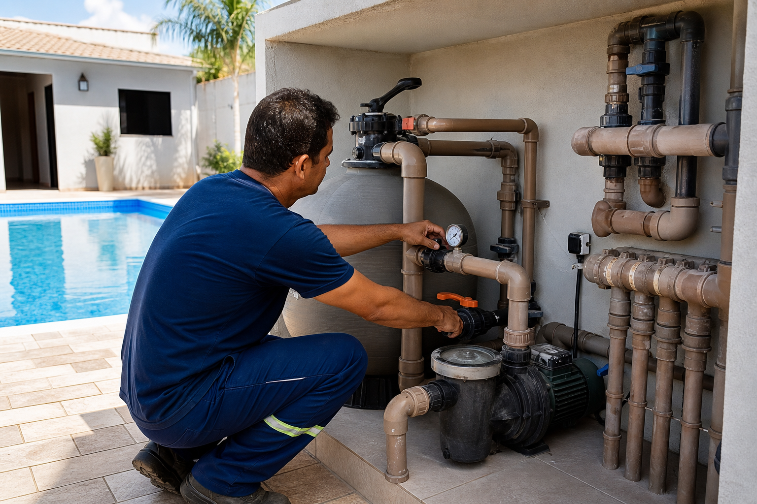 Técnico ajustando filtro bomba e registros na casa de máquinas de piscina residencial