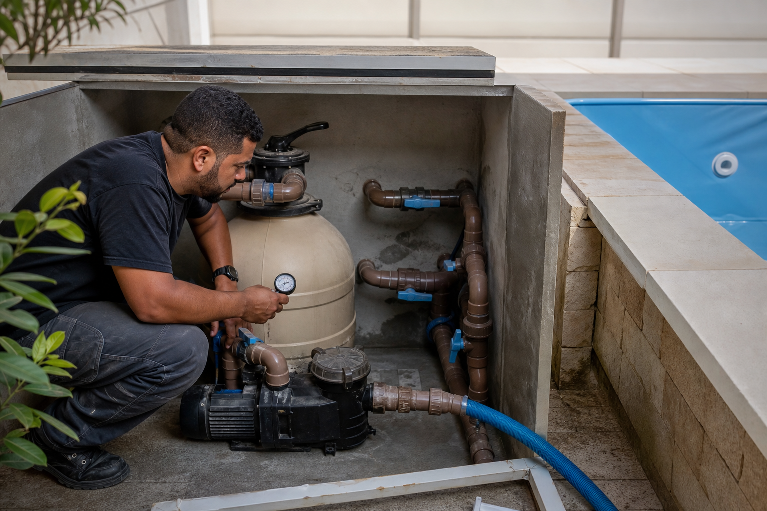 Técnico conferindo bomba filtro registros e tubulação da casa de máquinas de piscina residencial