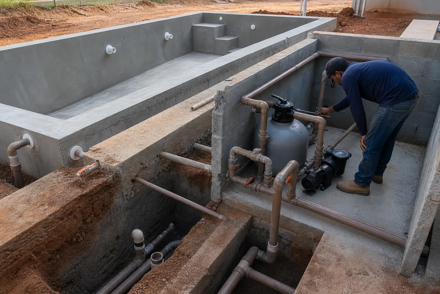 Casa de máquinas de piscina em obra com filtro bomba tubulações registros e técnico ajustando instalação