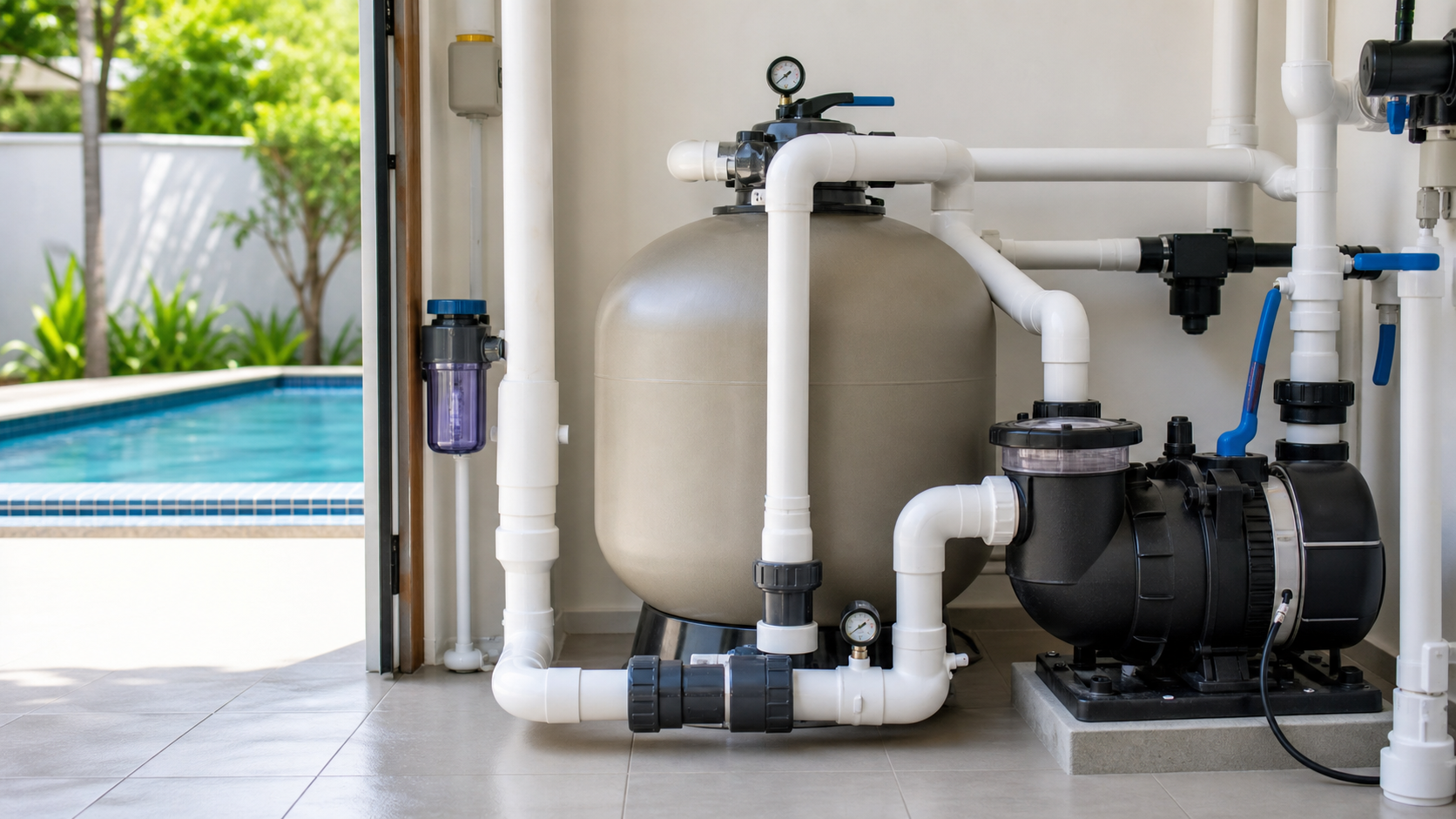 Casa de máquinas de piscina com filtro, bomba e tubulações