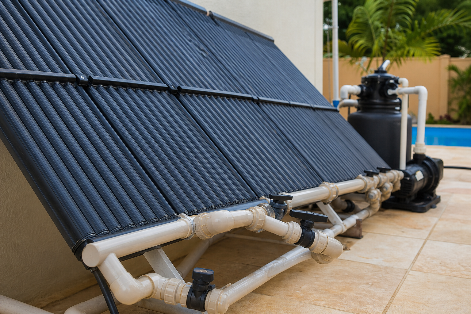 Coletores solares pretos com tubulação de PVC conectados ao filtro e bomba da piscina