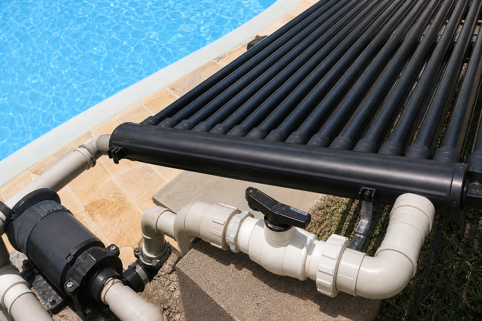 Close de coletores solares pretos com tubos de PVC e água da piscina ao fundo