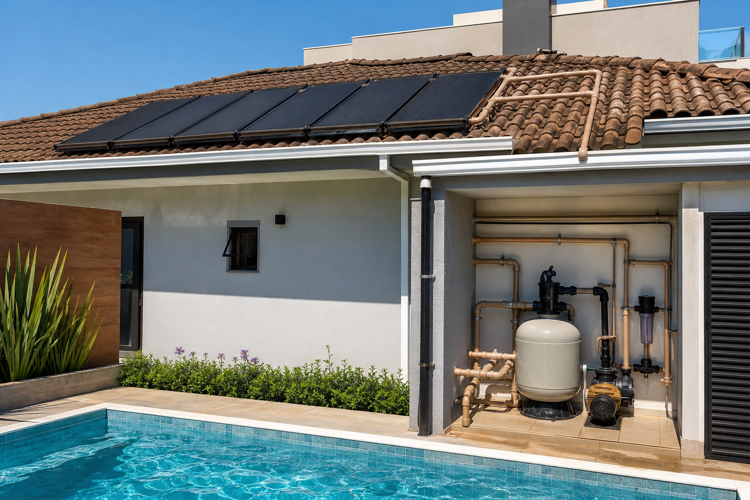 Coletores solares no telhado ligados por tubulações à casa de máquinas de piscina
