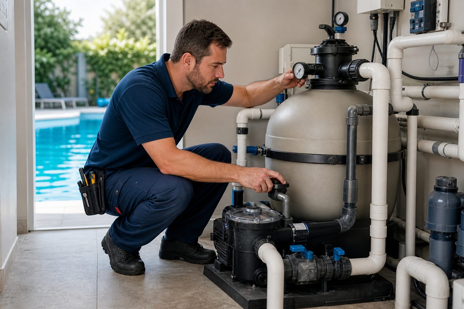 Técnico verificando bomba e filtro de piscina em casa de máquinas