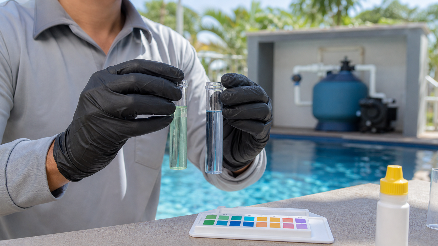Técnico compara duas amostras de água em tubos transparentes durante teste químico de piscina
