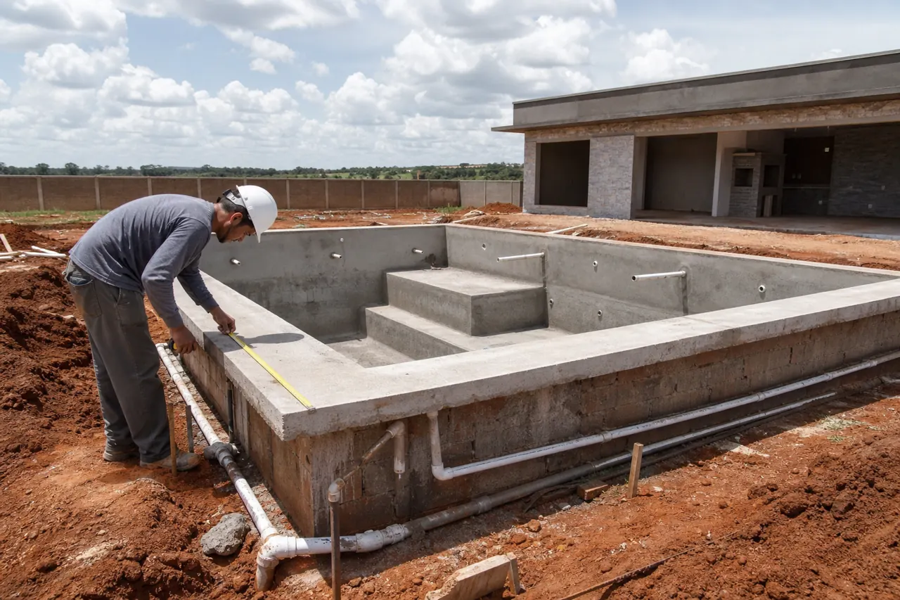 Piscina em obra com estrutura de alvenaria concreto tubulações hidráulicas e técnico conferindo medidas