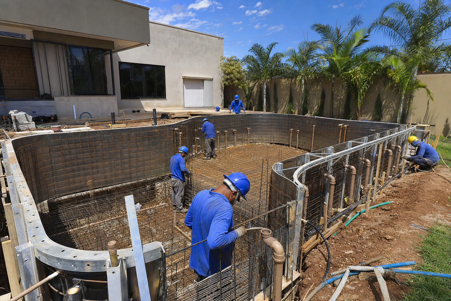 Obra de piscina residencial com estrutura armada tubulações e equipe técnica trabalhando em Goiânia